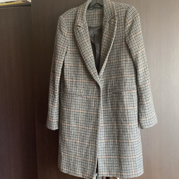 Zara Gray Plaid Pea Coat one button coat size S - Picture 2 of 5